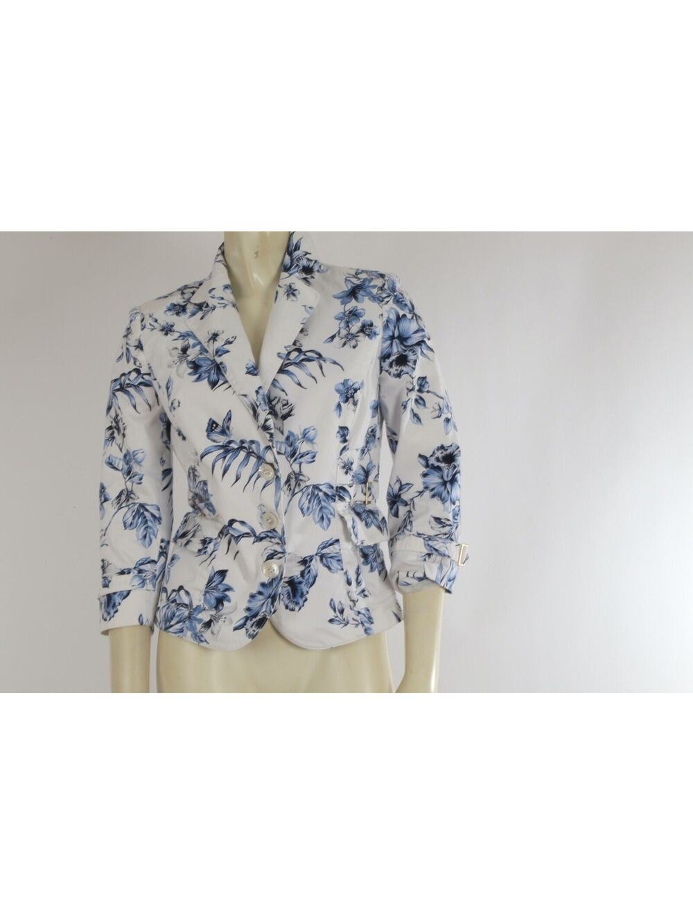 Les Copains Blue White Floral Print 3/4 Sleeve Blazer Jacket Formal Size 42